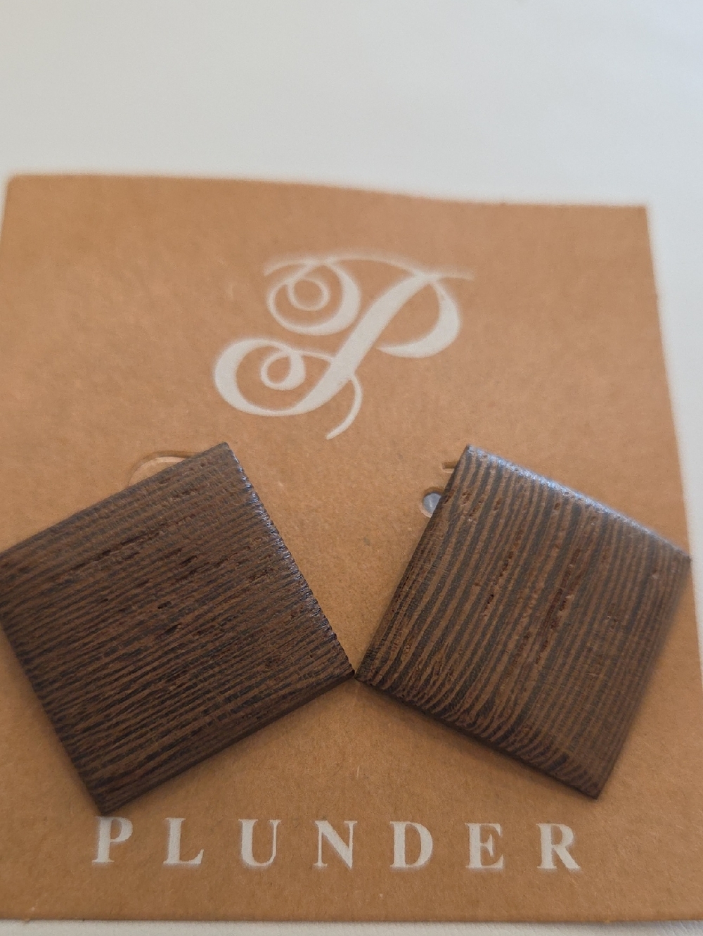 Plunder Textured Square Stud Earrings - Brown Wood Grain